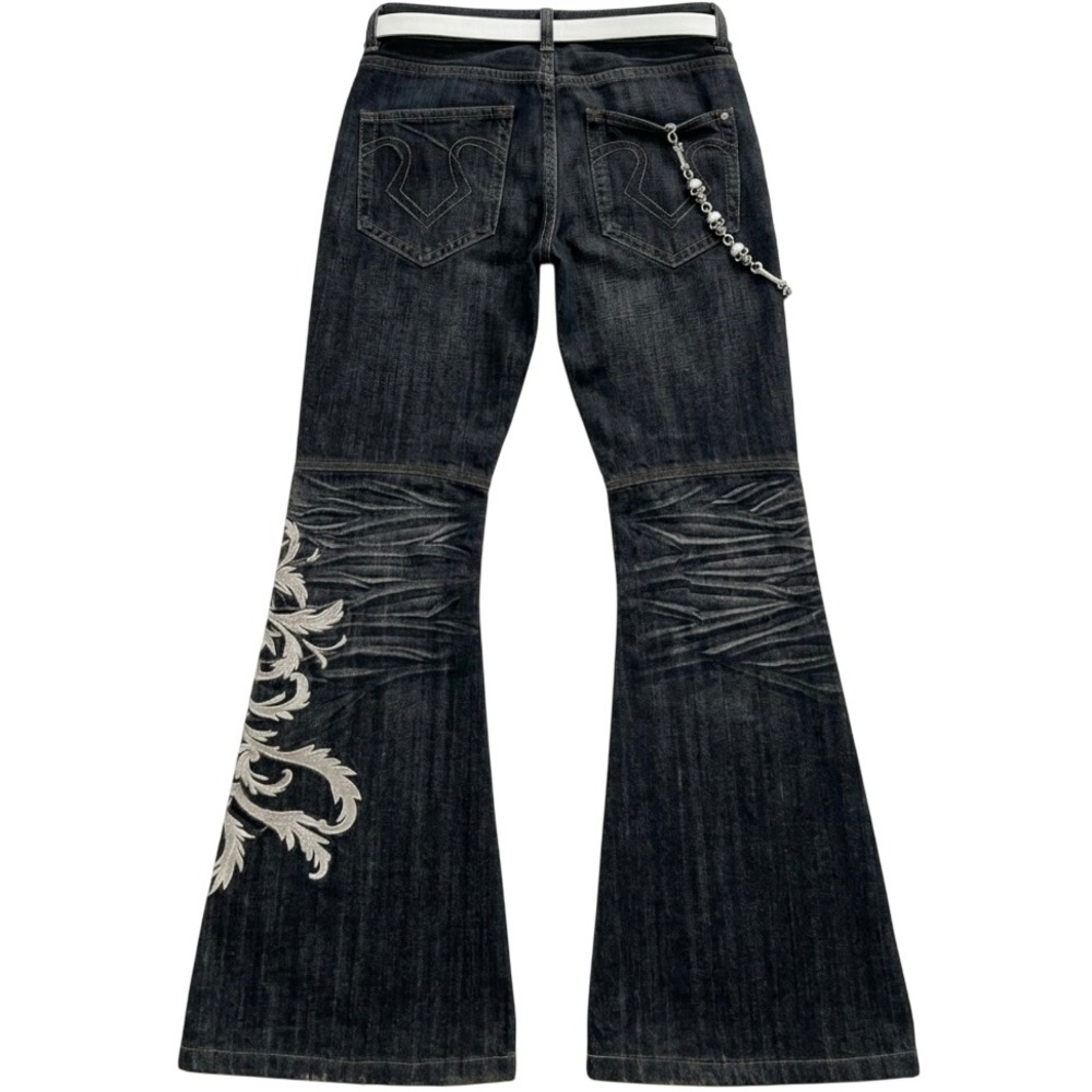 Vintage Y2K Flared Jeans Mens Dark Wash Embroidered Bell Bottoms Skull Chain - Picture 2 of 3
